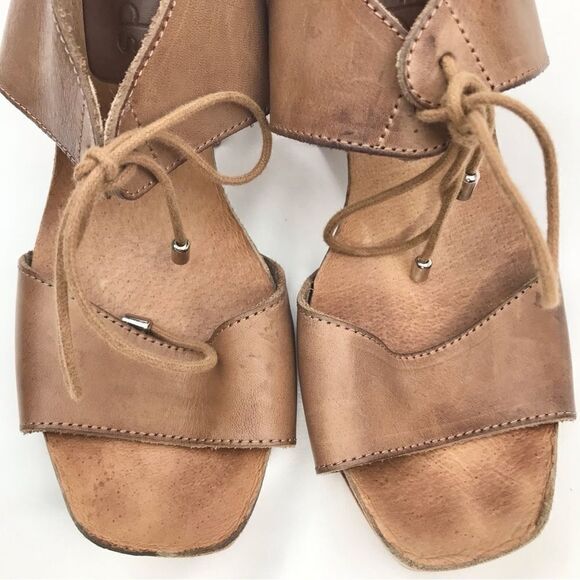 Five Worlds Brown Leather Lace Tie Stacked Heel Platform Sandals - Picture 6 of 16